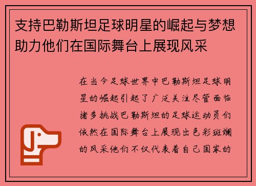 支持巴勒斯坦足球明星的崛起与梦想助力他们在国际舞台上展现风采